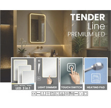 LED kúpeľňové zrkadlo Tender Line so stmievaním, tromi farbami svetla, dotykovým spínačom, funkciou proti zahmlievaniu a ochranou proti vode.