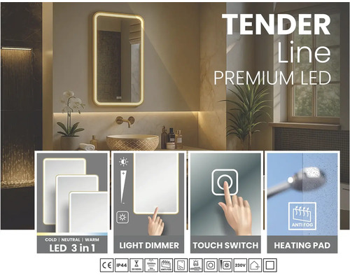LED kúpeľňové zrkadlo Tender Line so stmievaním, tromi farbami svetla, dotykovým spínačom, funkciou proti zahmlievaniu a ochranou proti vode.