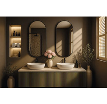 Moderná kúpeľňa s dvojitým umývadlom, zrkadlami a policami