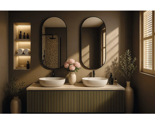 Moderná kúpeľňa s dvojitým umývadlom, zrkadlami a policami