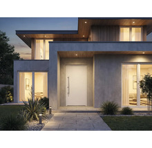 Moderný dom so vstupnými dverami, oknami a záhradou