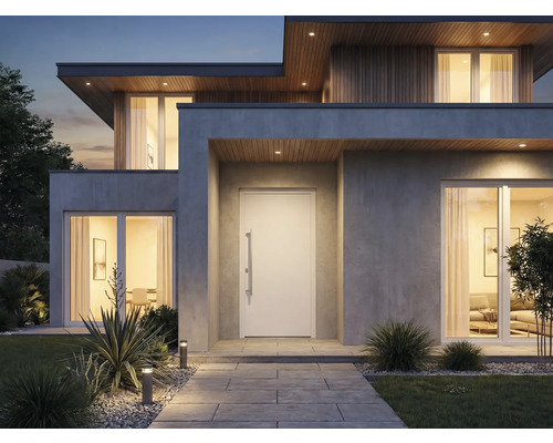 Moderný dom so vstupnými dverami, oknami a záhradou