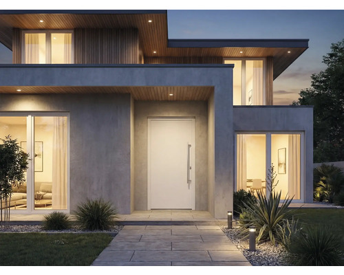 Moderný dom so vstupnými dverami, oknami a vonkajším osvetlením