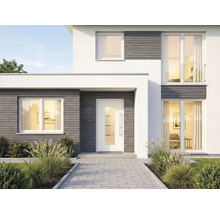 Moderný dom s vchodovými dverami, oknami a dláždenou cestou