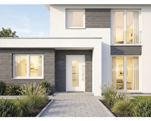 Moderný dom s vchodovými dverami, oknami a dláždenou cestou