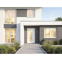 Pohľad na fasádu moderného domu so vstupnými dverami, oknami a dláždenou cestou