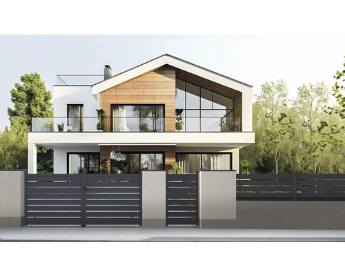 Moderný dom s drevenými prvkami, sklenenou fasádou a plotom