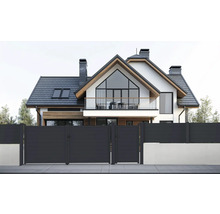 Pohľad na moderný dom so sivým oplotením