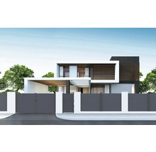 Moderný dom so záhradným plotom a bránou