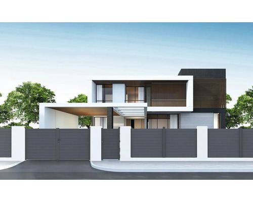 Moderný dom so záhradným plotom a bránou