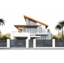 Moderný dom s drevenými prvkami a kovovým plotom