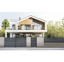 Moderný dvojpodlažný dom s veľkou záhradou a sivým plotom.