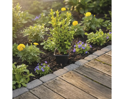 Záhradný záhon s krušpánom v kvetináči, žltými a modrými kvetmi vedľa drevenej cesty