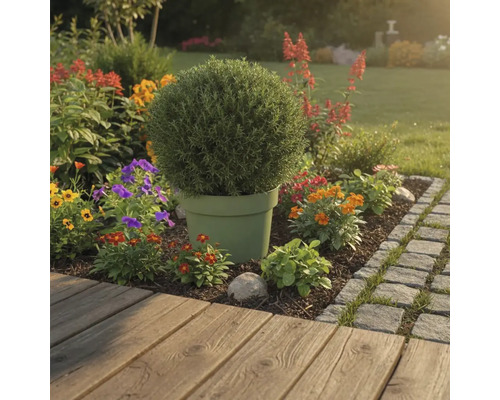 Záhradná krajina s rastlinou v kvetináči a farebnými kvetmi