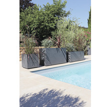 Tri sivé kvetináče rôznych veľkostí stoja na okraji bazéna a sú osadené rastlinami.