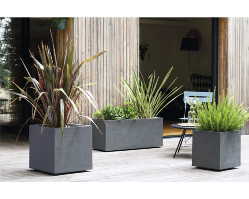 Tri sivé betónové kvetináče na terase s rôznymi rastlinami