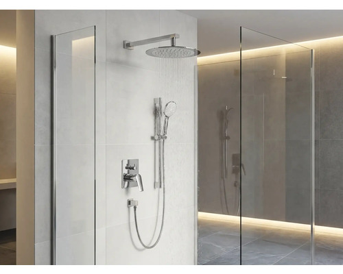 Sprcha s dažďovou sprchou, ručnou sprchou, sprchovou batériou a sprchovou zástenou