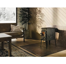 Obývacia izba s krbovými kachľami, pohovkou a izbovou rastlinou pred oknom