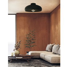 Obývacia izba so stropným svietidlom, pohovkou a drevenou stenou