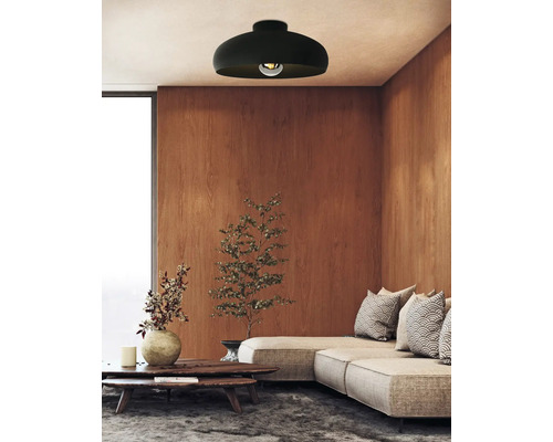 Obývacia izba so stropným svietidlom, pohovkou a drevenou stenou