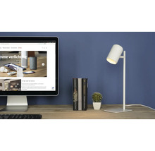 Stolová scéna s obrazovkou počítača, knihami, kaktusom a stolnou lampou