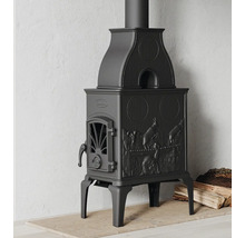 Čierne liatinové kachle s reliéfom zvierat a polenami