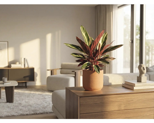 Interiérová fotografia obývacej izby s kvetinou Maranta v kvetináči na komode