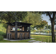 Záhrada s vonkajším barom a barovými stoličkami pod stromami