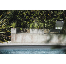 Betónové kvetináče s výsadbou vedľa bazéna a ležadla