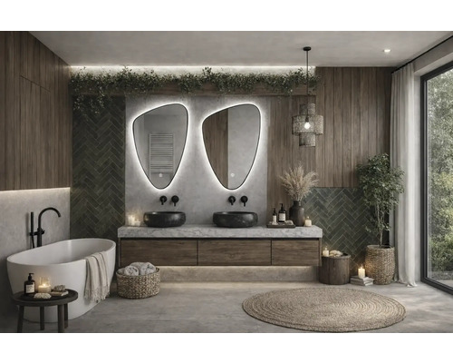 Kúpeľňa s dvojitým umývadlom, zrkadlami, vaňou a dekoráciami pre relaxačnú atmosféru