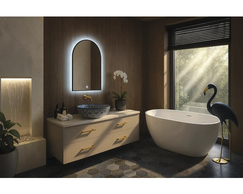 Svetlá kúpeľňa s umývadlom, zrkadlom s osvetlením a voľne stojacou vaňou