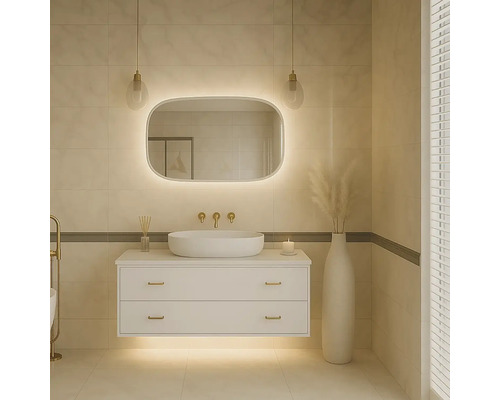 Moderná kúpeľňa s umývadlovou skrinkou, zrkadlom s osvetlením a dekoratívnymi prvkami