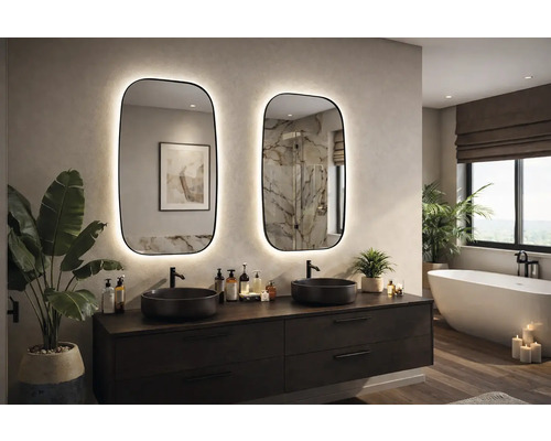 Kúpeľňa s umývadlovou skrinkou, dvoma umývadlami a dvoma osvetlenými zrkadlami