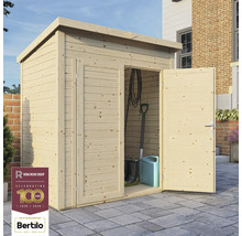 Záhradná skriňa z dreva s otvorenými dverami, v pozadí záhradné náradie. Logo Rowlinson Group. Logo Bertilo.