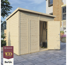 Drevený záhradný domček s dvojkrídlovými dverami a náradím