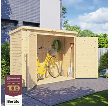 Otvorená drevená kôlňa na náradie s bicyklom, záhradnou hadicou, metlou a rýľom