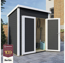 Záhradná búda s dvojkrídlovými dverami a záhradným náradím