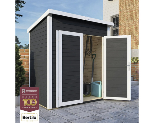 Záhradná búda s dvojkrídlovými dverami a záhradným náradím