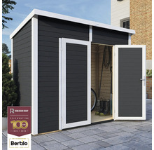 Záhradná búda s dvojkrídlovými dverami, drevenou konštrukciou a logom Rowlinson Group