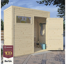 Drevený záhradný domček s oknom a otvorenými dverami