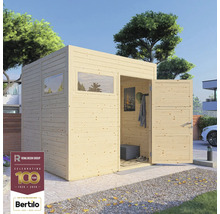 Drevený záhradný domček s oknom a otvorenými dvojkrídlovými dverami