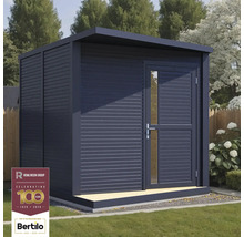 Moderný záhradný domček s plochou strechou a dverami so sklenenou výplňou.