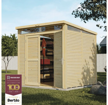 Drevený záhradný domček s dvojkrídlovými dverami a svetlíkom na záhradné náradie a nábytok