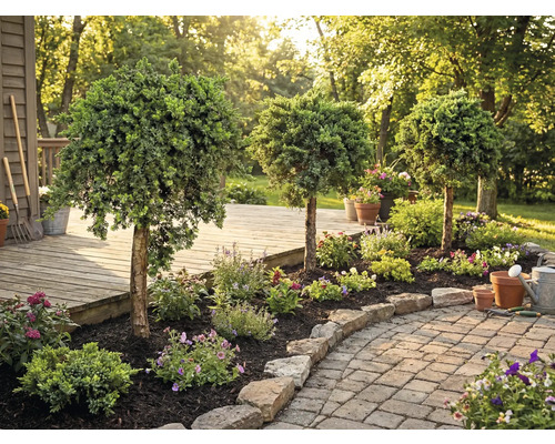 Upravená záhrada s okrasnými stromami, kvetmi a kameňmi