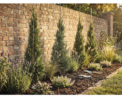 Upravená záhradná plocha s cyprušteky, levanduľou a mulčom