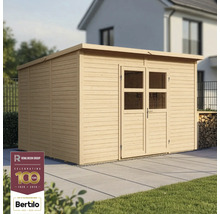 Drevený záhradný domček s dvojkrídlovými dverami a plochou strechou