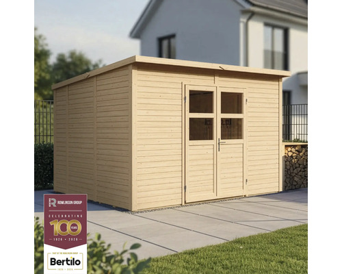 Drevený záhradný domček s dvojkrídlovými dverami a plochou strechou