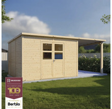 Drevený záhradný domček s dvojkrídlovými dverami a prístreškom