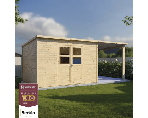 Drevený záhradný domček s dvojkrídlovými dverami a prístreškom