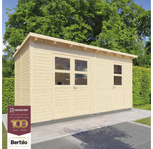 Drevený záhradný domček s oknami a dverami pred stromami a logom Rowlinson Group